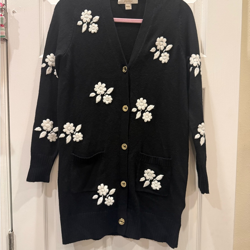 Lilly Pulitzer Black Cardigan with White Floral Embroidery